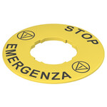 VE TF32A5101 Pizzato Elettrica Этикетка с фигурным отверстием, диаметром 60 мм, желтый диск, надпись "STOP EMERGENZA"