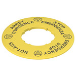 VE TF32A5120 Pizzato Elettrica Этикетка с фигурным отверстием, диаметром 60 мм, желтый диск, надпись "STOP EMERGENZA - EMERGENCY STOP - NOT-AUS - ARRET D'URGENCE"