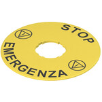 VE TF32D5101 Pizzato Elettrica Этикетка с фигурным отверстием, диаметром 90 мм, желтый диск, надпись "STOP EMERGENZA"