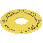 VE TF32D5120 Pizzato Elettrica Этикетка с фигурным отверстием, диаметром 90 мм, желтый диск, надпись "STOP EMERGENZA - EMERGENCY STOP - NOT-AUS - ARRET D'URGENCE"