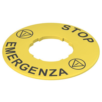 VE TF32A5101 Pizzato Elettrica Этикетка с фигурным отверстием, диаметром 60 мм, желтый диск, надпись "STOP EMERGENZA"