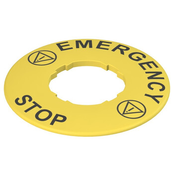 VE TF32A5102 Pizzato Elettrica Этикетка с фигурным отверстием, диаметром 60 мм, желтый диск, надпись "EMERGENCY STOP"