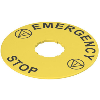 VE TF32D5102 Pizzato Elettrica Этикетка с фигурным отверстием, диаметром 90 мм, желтый диск, надпись "EMERGENCY STOP"